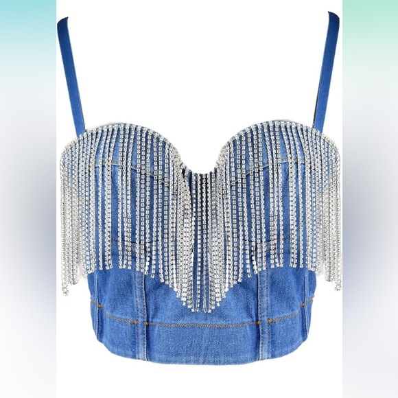 NWOT Tassel Rhinestone Denim Bustier Crop Top Jean Corset - size small - Picture 2 of 16
